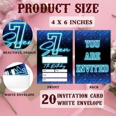 SIXEIGHT Blue 7th Birthday Invitations for Boys, Neon Glow Party Invitations …