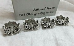 4 BUTTERFLY PEWTER VTG 1975 METZKE SINGLE BUSINESS CARD DESK TABLE STAND DISPLAY
