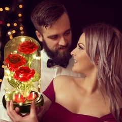 Valentines Day Gifts for Her,Beauty and The Beast Rose in Glass Classic Red