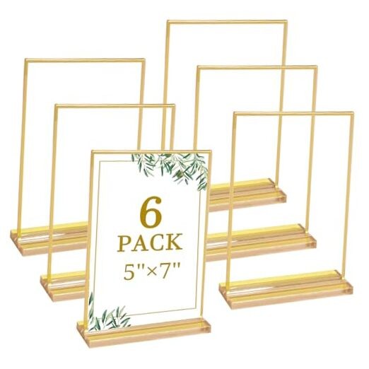 6 Pack 5×7 Inch Clear Acrylic Sign Holders, Double-Sided Gold Display 5″ × 7″