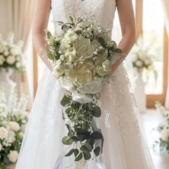 10″ White Rose Cascading Bridal Bouquet – Artificial Silk Wedding Flowers, Boho