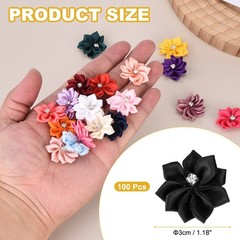 100 Pcs Ribbon Flowers, 1.2 in Fabric Flowers with Rhinestones, Black