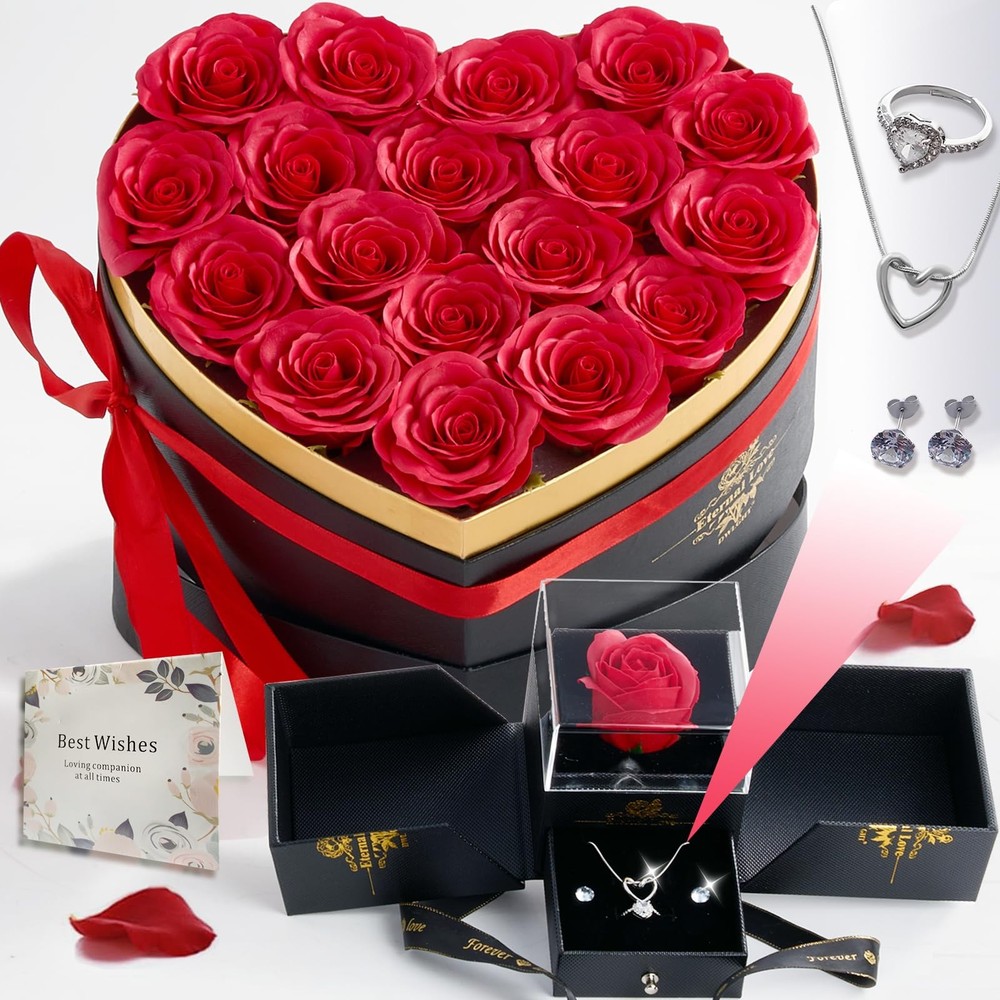 Gifts for Women Artificial Forever Flowers Box & Preserved Roses Red,silver