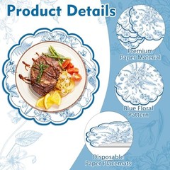 50 Pcs Paper Placemats,Placemat Chinoiserie Place Mats 13.4 Inch Blue Floral