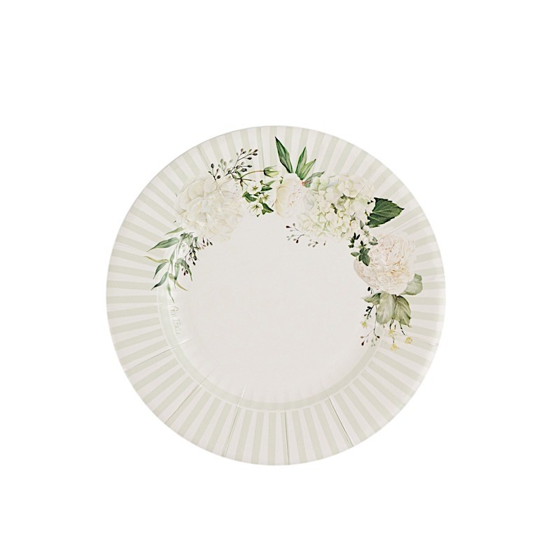 25 White 8″ Dessert Paper Plates with Sage Green Floral Lined Rim Decorations