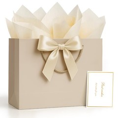 Gift Bags Medium with Handles with Ribbon 1 count (Pack of 1) Champagne Beige