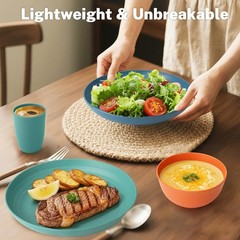 BUSOKIP Wheat Straw Dinnerware Sets for 8, Unbreakable Plates and Bowls Sets for