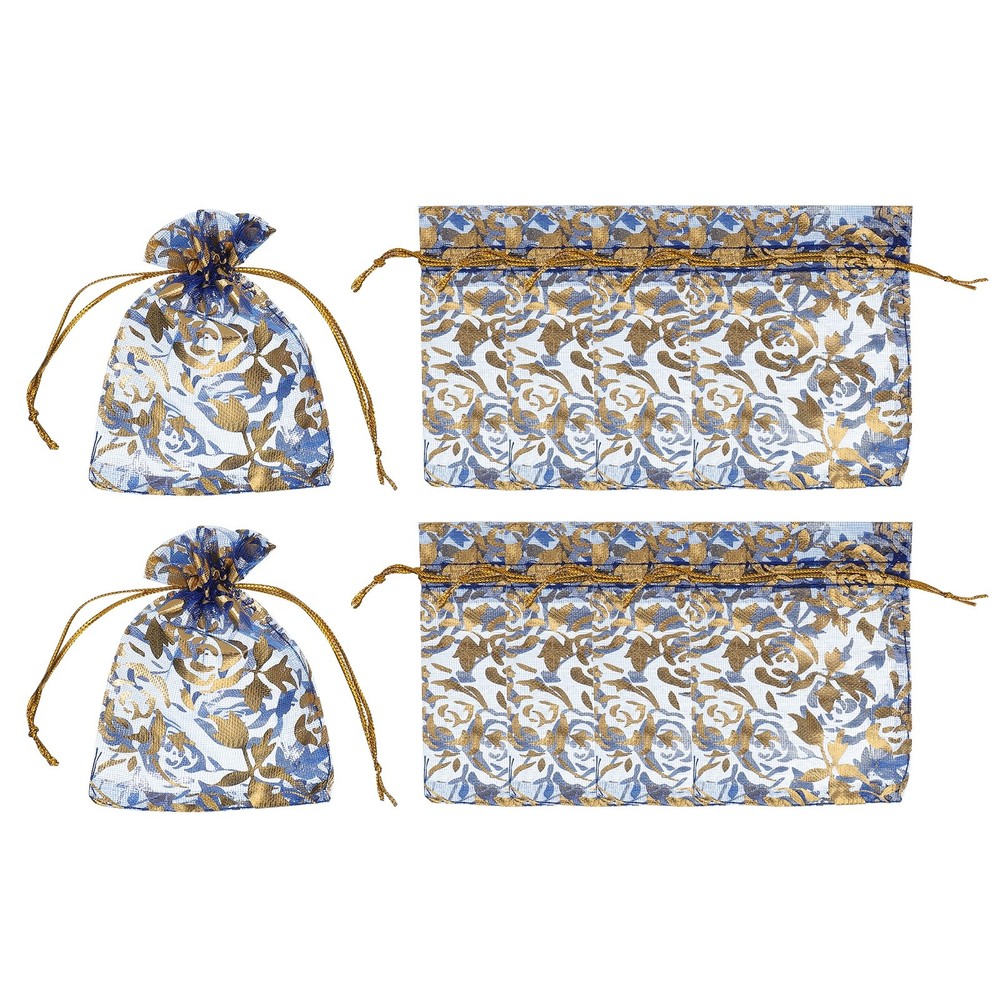 Organza Bags, 50 Pcs 2.8 x 3.5 Inch Gold Rose Mesh Pouch, Sapphire Blue Gold
