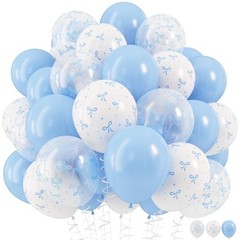 Blue Bow Balloons, 12 Inch Pastel Light Blue 12 inch 35pcs Blue White