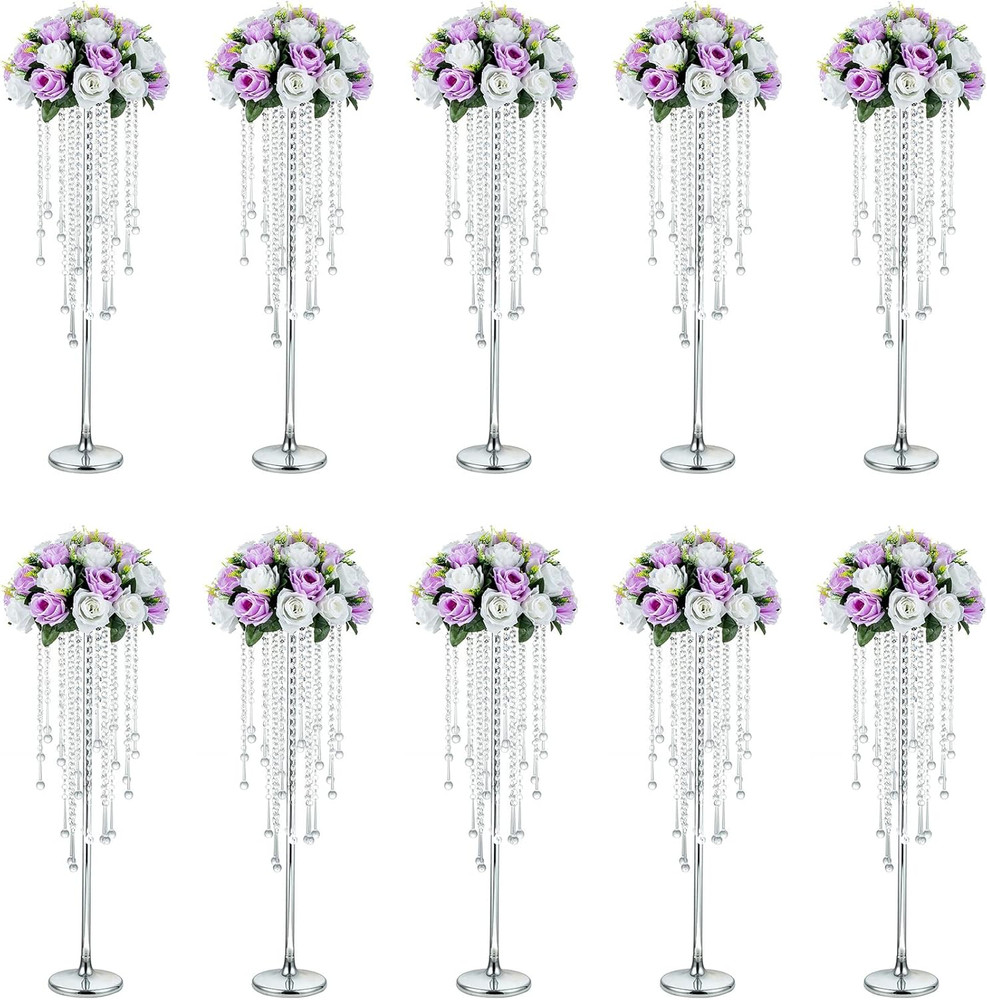 Elegant Silver Crystal Wedding Vases – 10 Pcs 29.5″ Tall Centerpieces