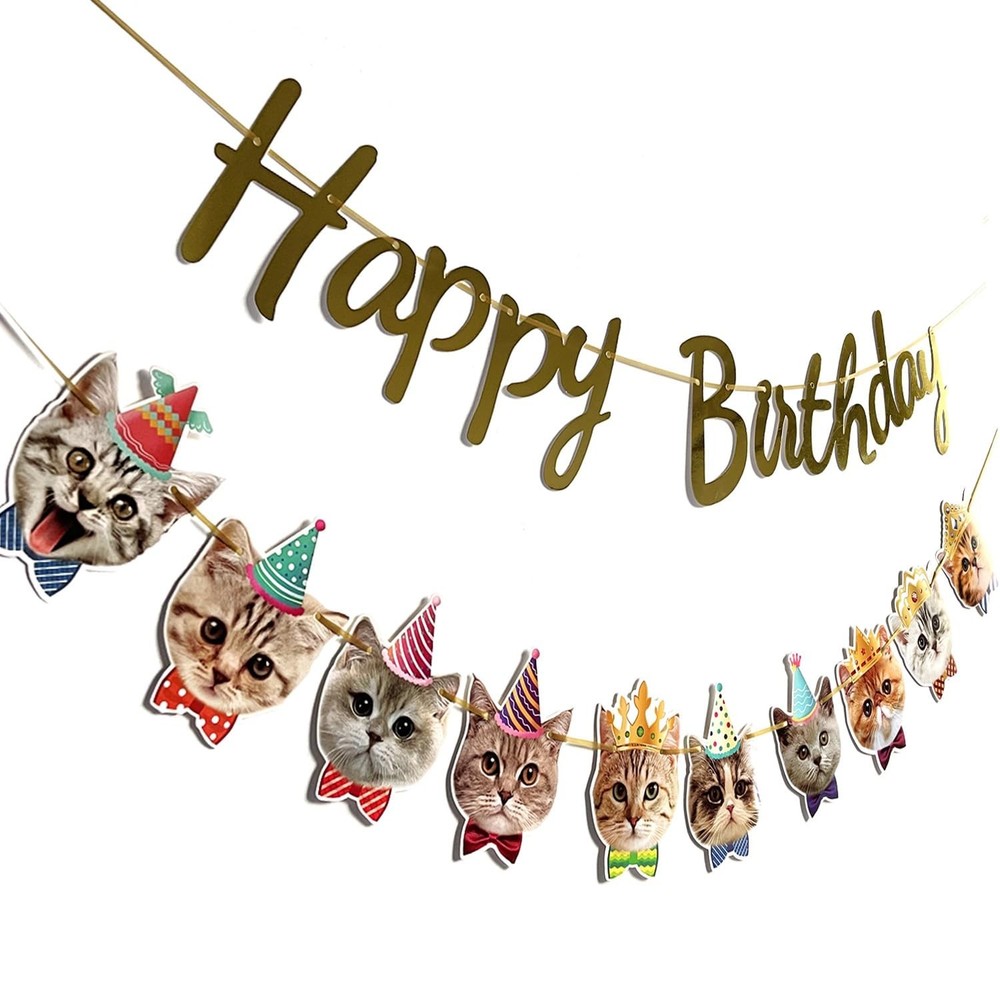 Happy Birthday Cat Banner Garland Funny Decor Cat Face Bday Party Bunting Dec…