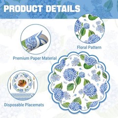 50 PCS Paper Placemats – 13.5 Inch Floral – Blue Hydrangea – Disposable