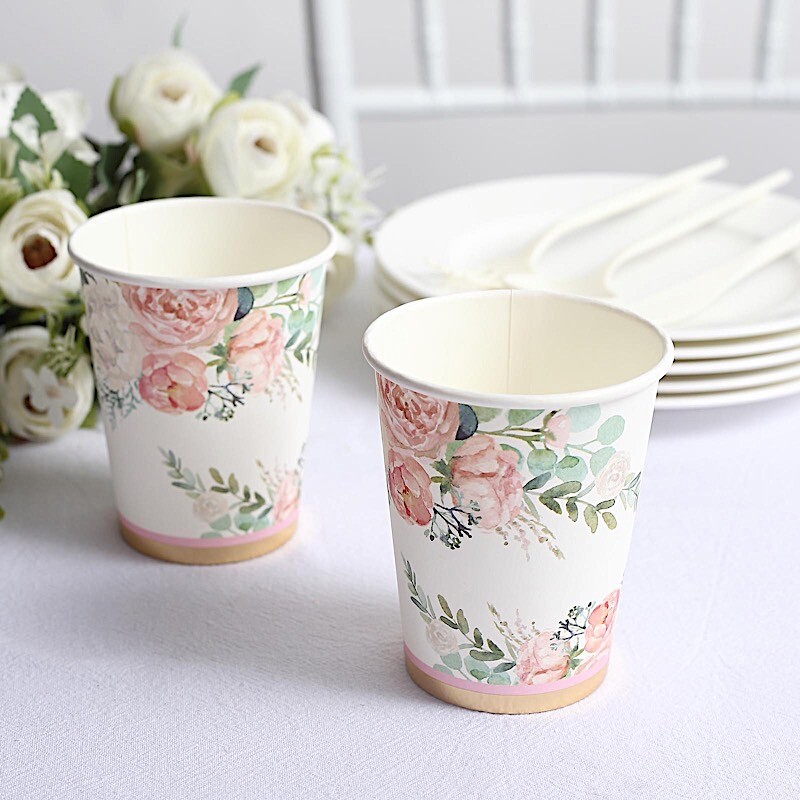 24 WHITE 9 oz Pink Peony Flower Design PAPER CUPS Party Events Home Decorations