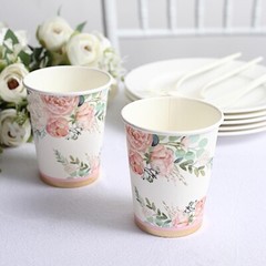 24 WHITE 9 oz Pink Peony Flower Design PAPER CUPS Party Events Home Decorations
