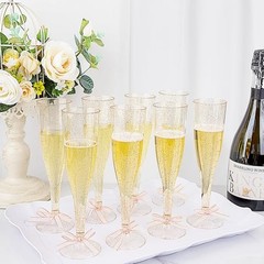 36 Pack Glitter Plastic Champagne Flutes – 7OZ Disposable Champagne Gold
