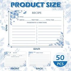 JarThenaAMCS 50Pcs Blue Floral Recipe Cards Chinoiserie 4 x 6 inch,