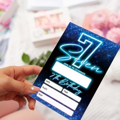 SIXEIGHT Blue 7th Birthday Invitations for Boys, Neon Glow Party Invitations …