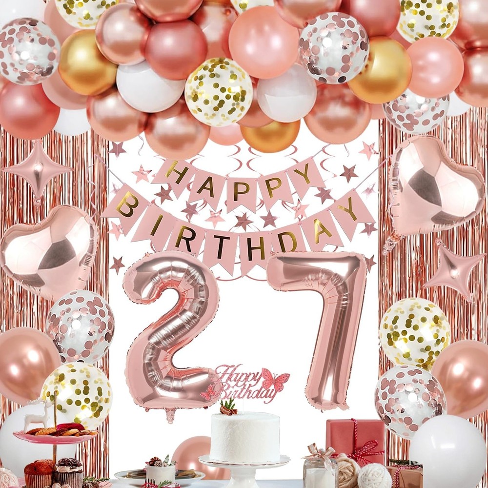 27th Rose Gold Birthday Decorations for Women, 55 PCS Birthday Party Packs | …