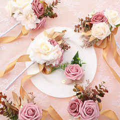 12 Pcs Bridesmaid Bouquets and Bridegroom Groomsmen Boutonniere Set Artificial B