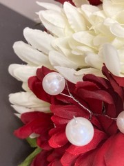 2 Silk Flower Bouquets Red/Ivory/Green w/Rhinestones & Faux Pearls 2 piece set