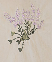 5 Ivory 8″ x 9″ Cotton Muslin drawstring bag with embroidered Lavender flowers