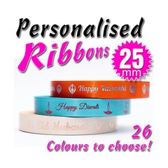 PERSONALISED 25mm RIBBON – PRINTED FOIL – SATIN – Birthdays Anniversary Parties