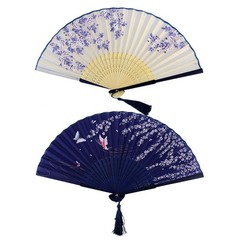 Bantoye 2 Pieces Handheld Fans, Silk Folding Fans with Bamboo White Blue