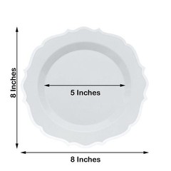 20 WHITE 8″ Round Plastic Dinner Plates SILVER Scalloped Rim Events Wedding
