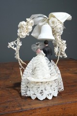 Vintage Bride Groom Wedding Topper Sugar Sculpture Art Deco Stand Antique Lace