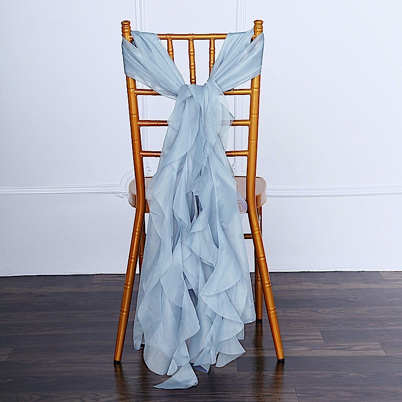Dusty Blue Premium CHAIR COVER with Curly Chiffon Ruffled SASHES Wedding