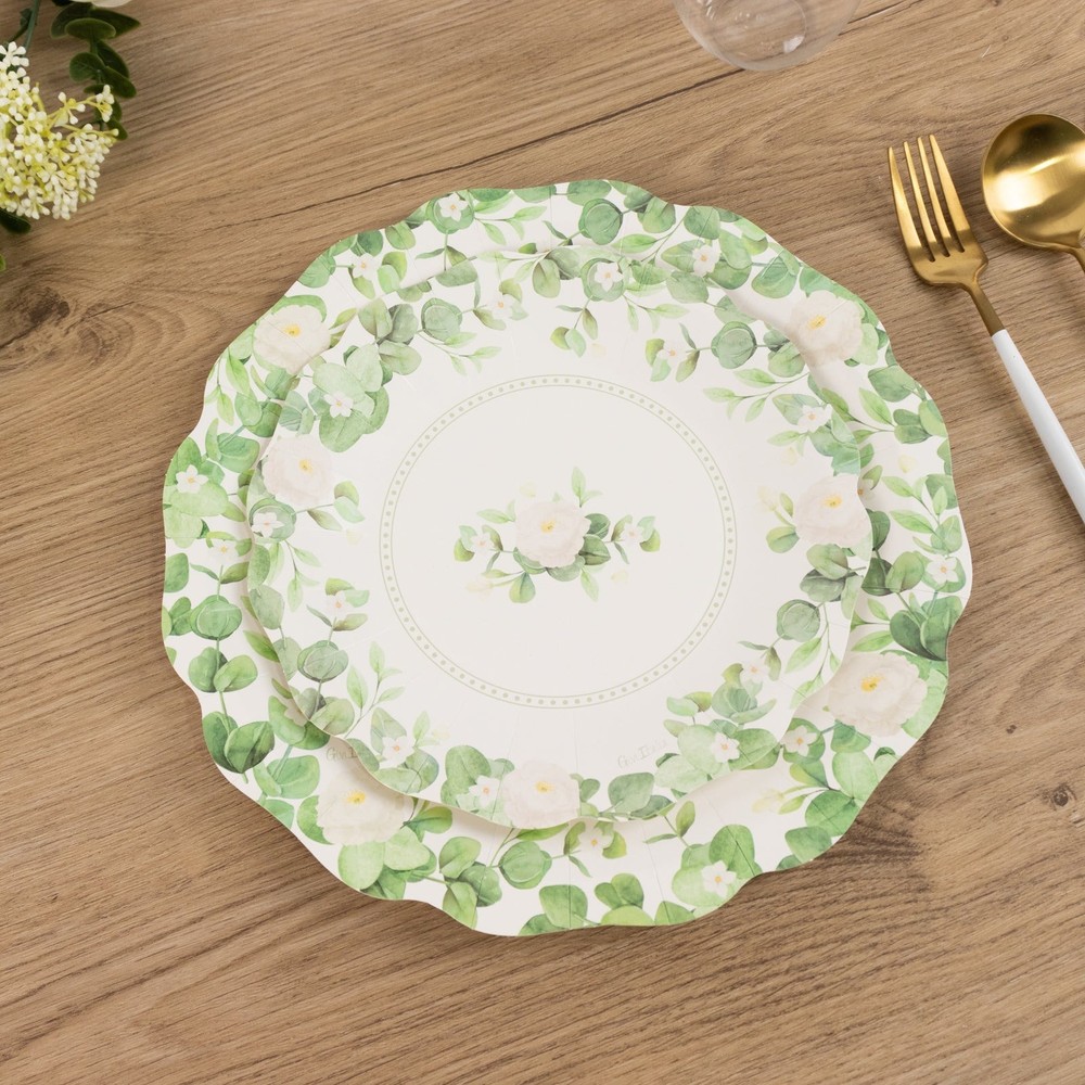 25 WHITE GREEN Floral Greenery Dessert Paper Plates with Scalloped Edge
