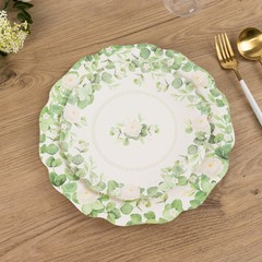 25 WHITE GREEN Floral Greenery Dessert Paper Plates with Scalloped Edge