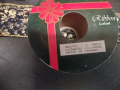 Exquisite Navy Sheer Ribbon, 10 Yards, Gold Leaf Stamped Floral Vine, Wired 2″