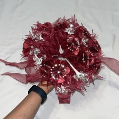 Burgundy/ Maroon Ramo Quinceañera Ribbon/ Clear Crystals / Beads Bouquet