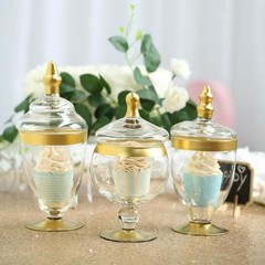 3 pcs Clear Gold Trim Glass Apothecary Jars Containers with Lids Decorations