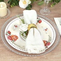 25 IVORY 9″ Paper Round Plates with Vintage Rose Flower Print Wedding Events