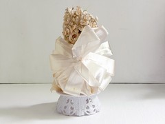 Vintage ‘60s Bride & Groom Cake Topper–Cotton Flowers, Ribbon, Lace, Plastic