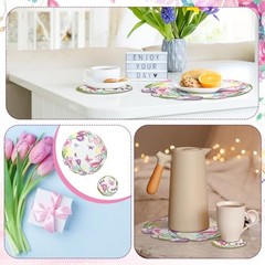 12 Pcs 14″ Spring Floral Embroidered Placemats and Coaster Set of Tulips