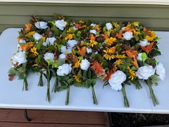 24 Orange, Brown, yellow, white, green, floral wedding centerpieces & burlap.