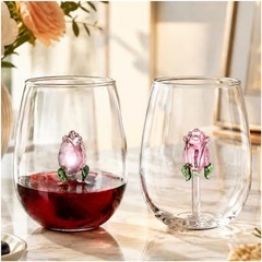 Set of 2 Stemless Wine Glassware with Rose Inside, 20 OZ Large Stemless