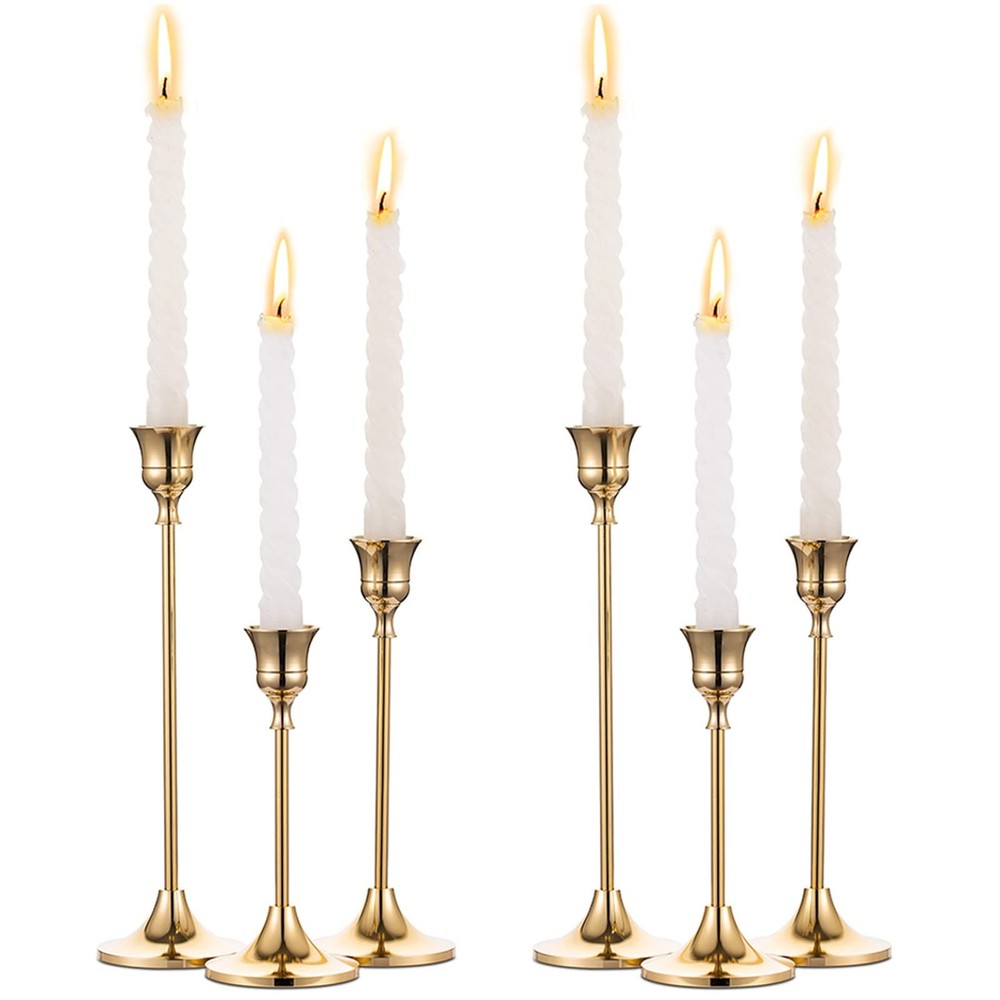 2 Sets(6 Pcs) Brass Gold Metal Taper Candle Holders 2 sets (6 pcs),