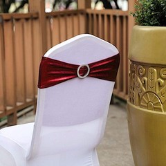 10 Burgundy Metallic Spandex Chair Sashes Silver Buckles Wedding Decorations