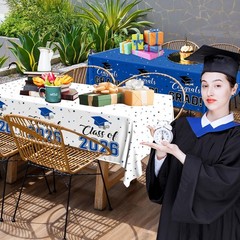 2026 Graduation Decorations,Congrats Grad Tablecloth 2pcs White Navy Blue Class