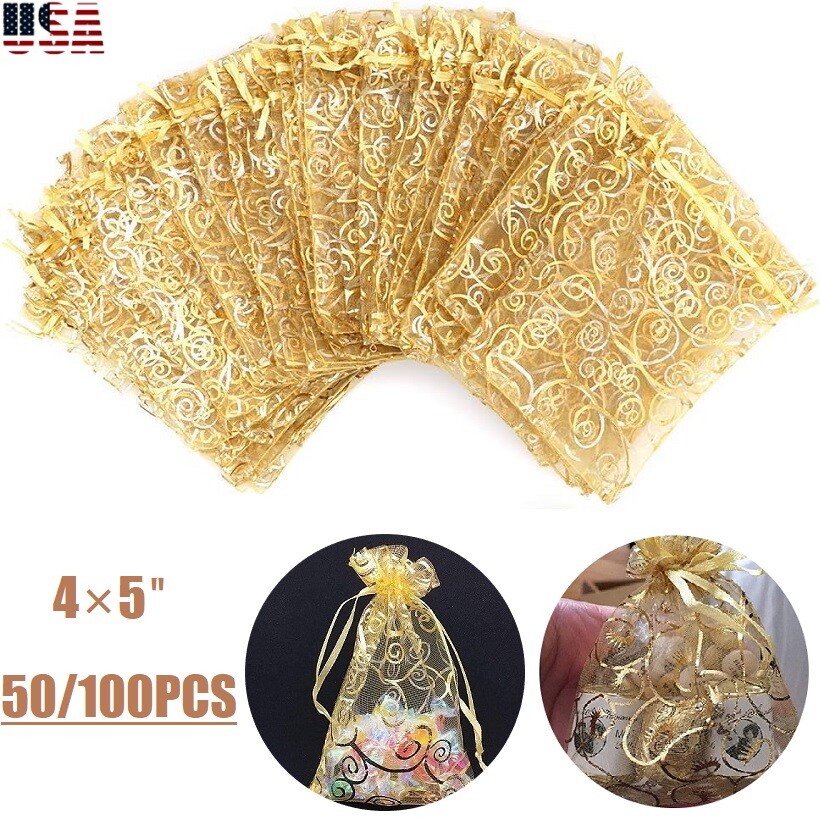 200Pcs Gold Organza Wedding Party Gift Bags Favor Candy Sheer Jewelry Pouches US