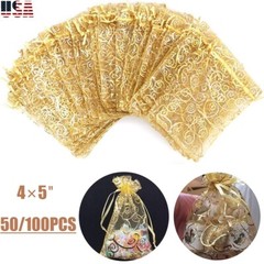 200Pcs Gold Organza Wedding Party Gift Bags Favor Candy Sheer Jewelry Pouches US