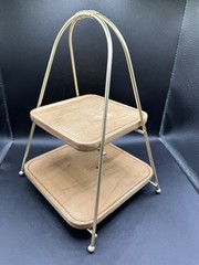Two Tier Tray Cupcake Holder Display Natural Wood Gold Metal Kitchen Table Decor