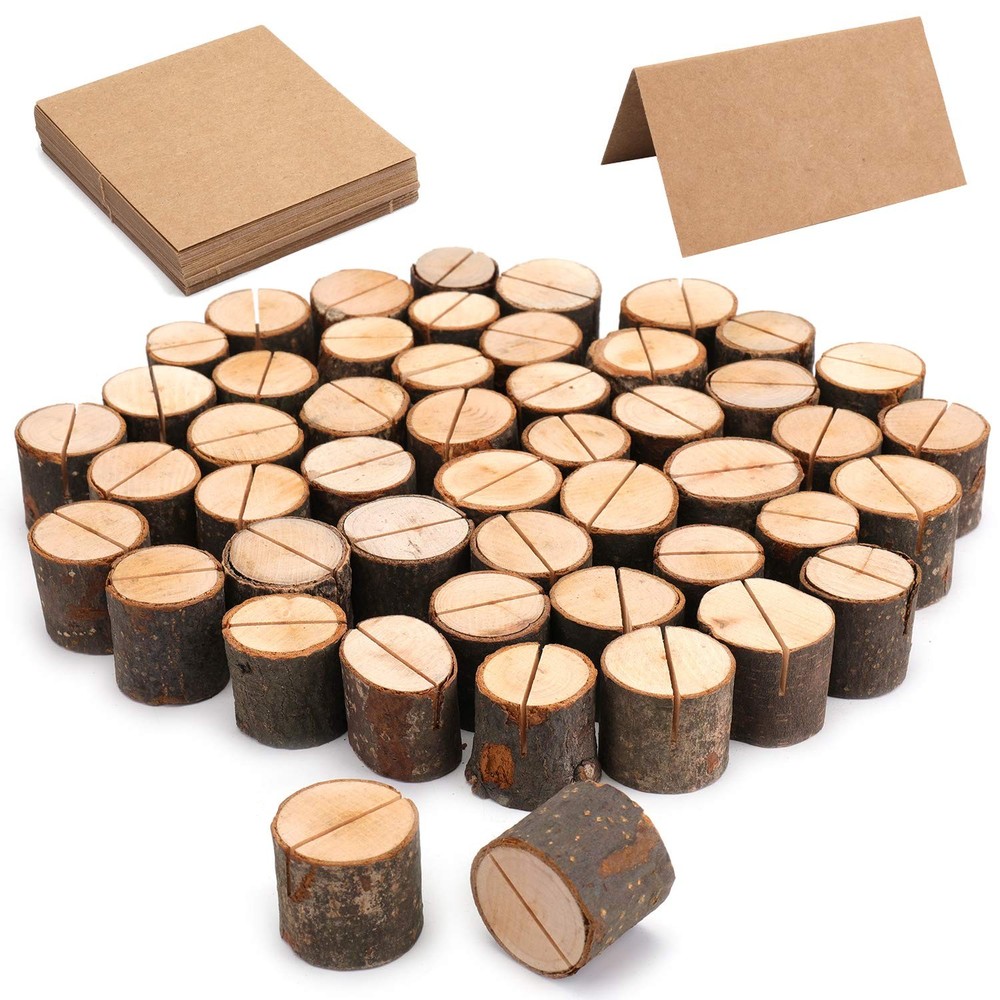50 Pieces Wooden Place Card Holders with 50 Kraft Cards, Rustic Wood Table Nu…