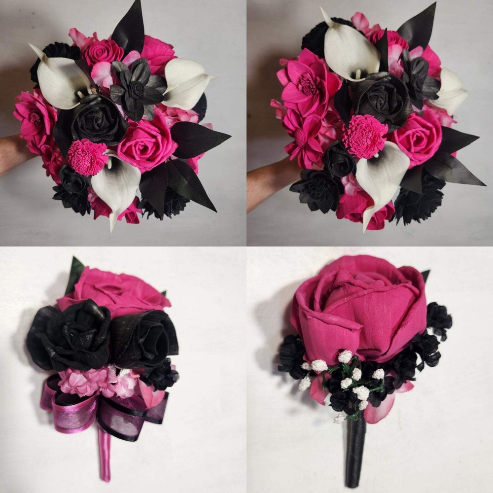 Fuchsia Pink Black Rose Calla Lily Bridal Wedding Bouquet Accessories