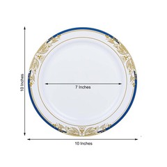 10″ White ROUND PLATES Royal Blue Gold Trim Party Wedding Disposable Tableware