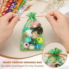 100 Pcs 4×6 Inch Sheer Heart Printed Organza Bags with Drawstring, Green
